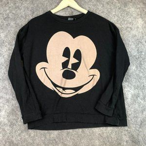 Disney Mickey Mouse Sweatshirt M Black Tan Crew Neck Long Sleeve Fleece Womens